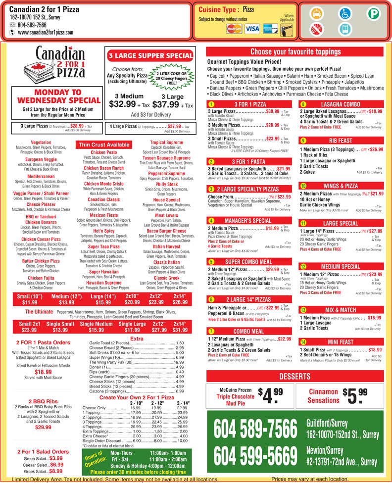 Canadian 2 for 1 Pizza Menu, Hours & Prices 16210070 152 St